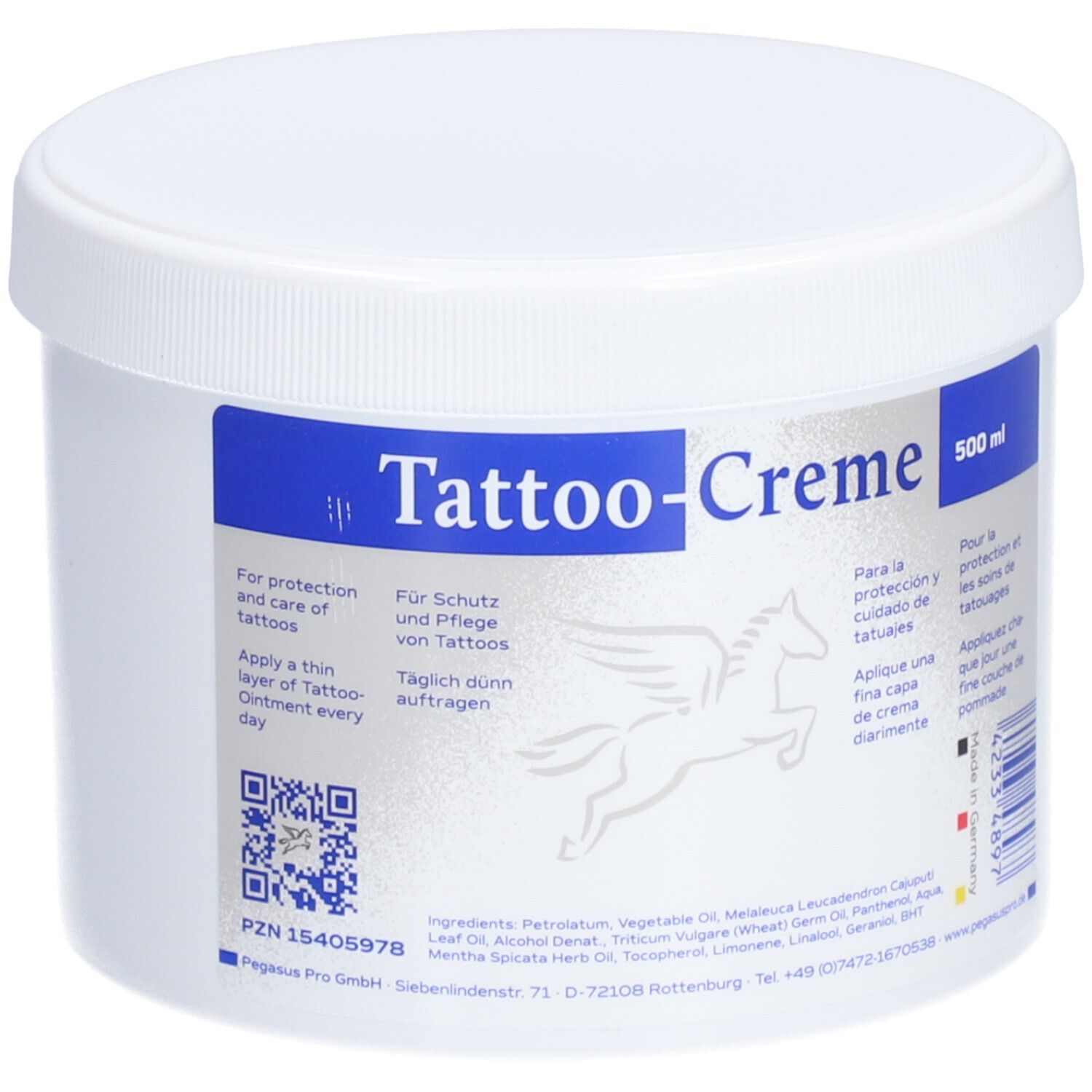 Pot blanc avec couvercle. Inscription: Tattoo-Creme. Logo Pegasus. Texte en allemand, espagnol et français. Code QR.