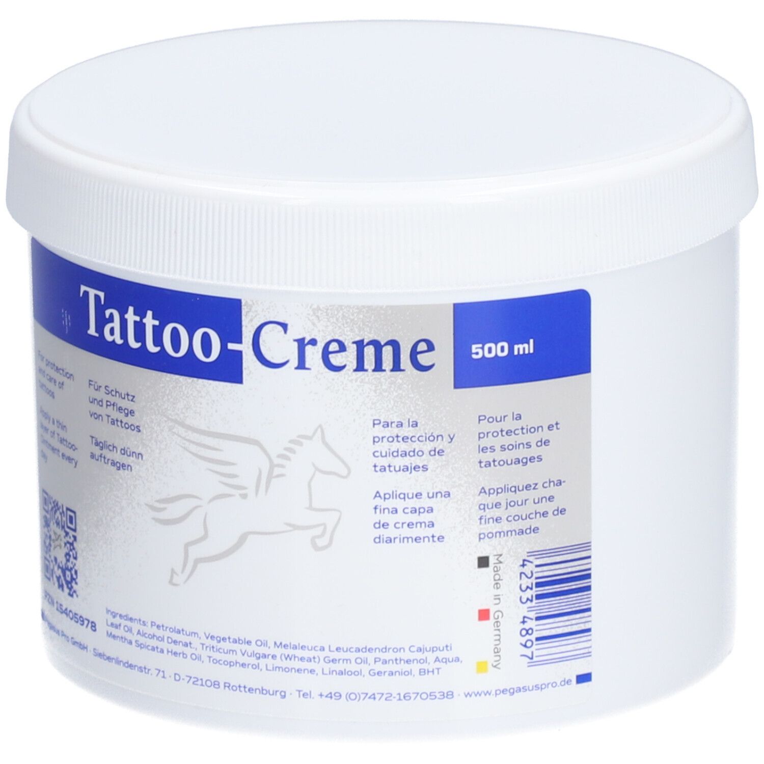 Pot blanc avec couvercle. Inscription: Tattoo-Creme. Logo Pegasus. Texte en allemand, espagnol et français. 500 ml.