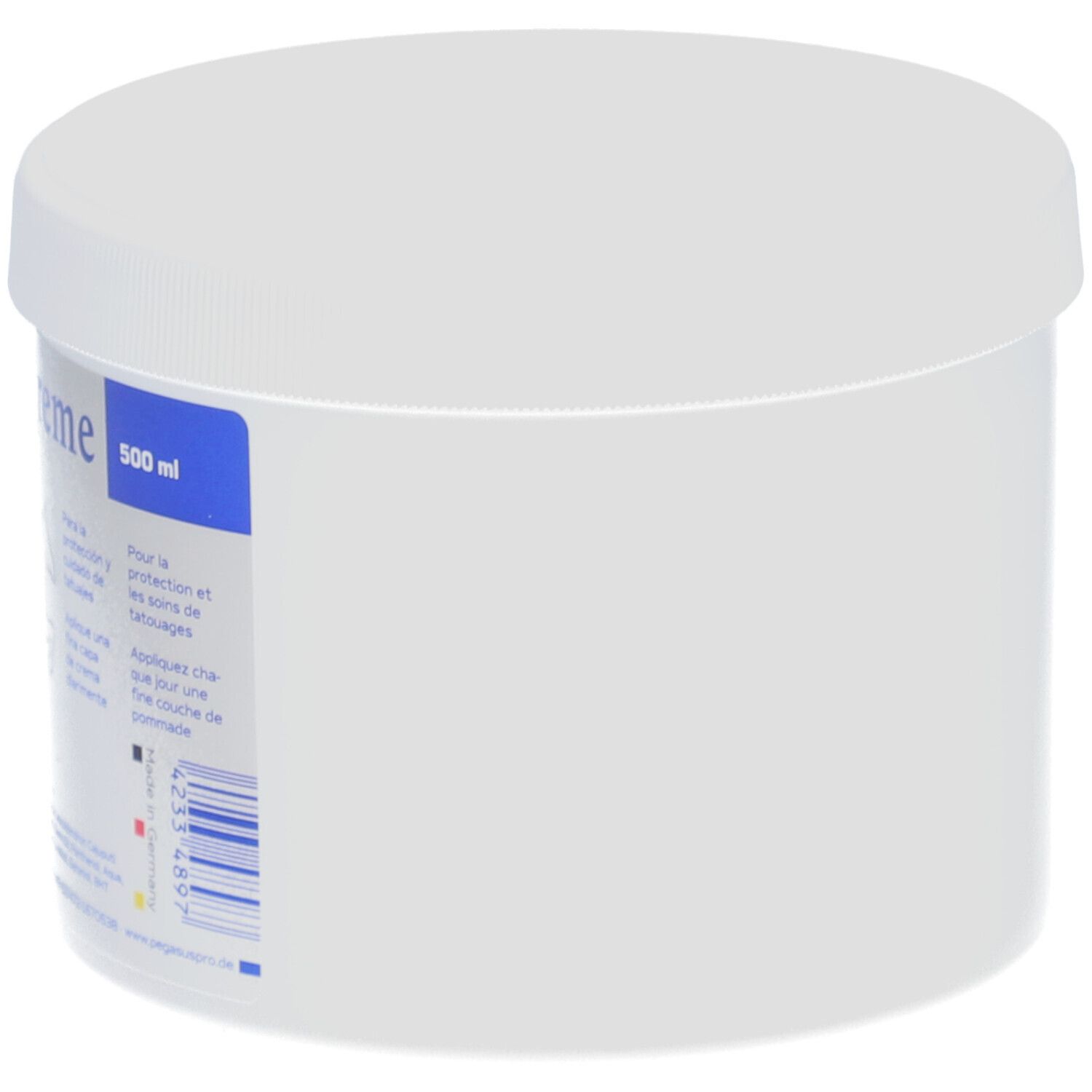 Pot blanc avec couvercle. Étiquette bleue sur le côté avec texte. 500 ml. Code-barres.