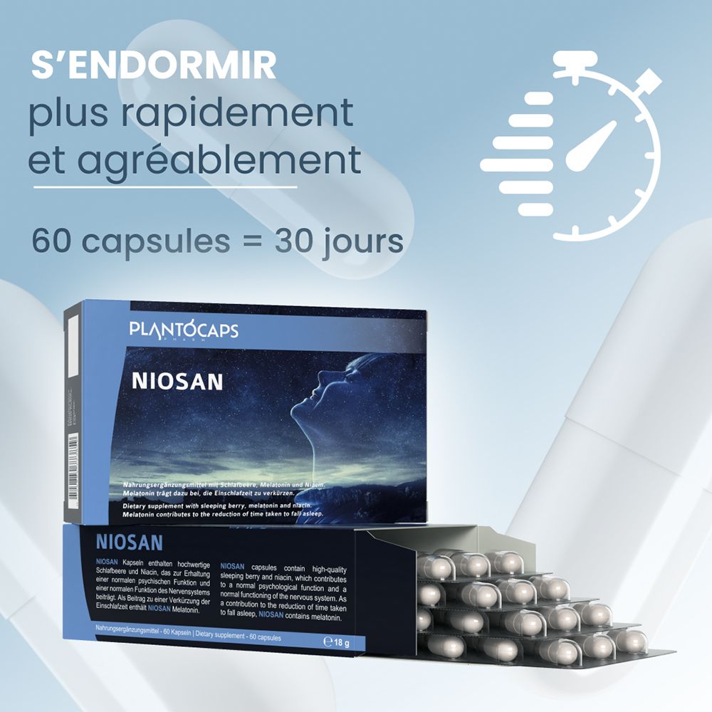 Emballage PlantoCaps NIOSAN, vue latérale avec date de péremption et code-barres.