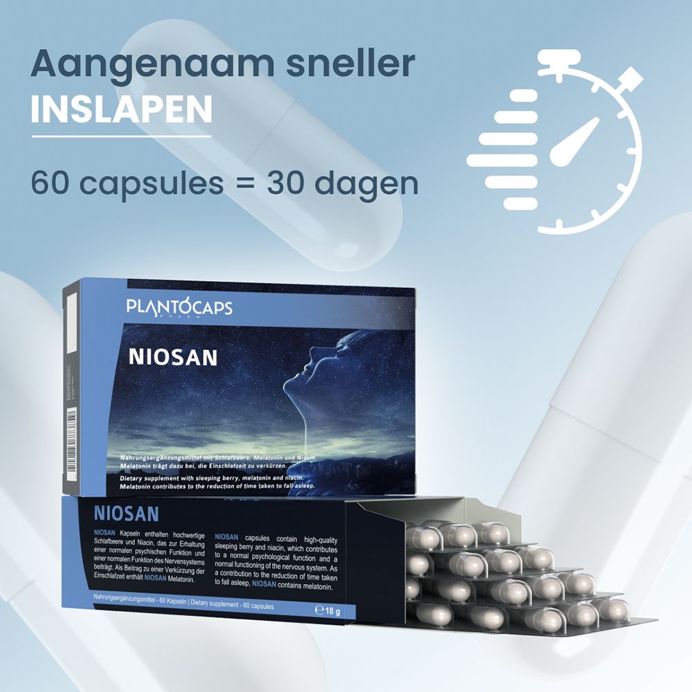 PlantoCaps NIOSAN verpakking, zijaanzicht met houdbaarheidsdatum en barcode.