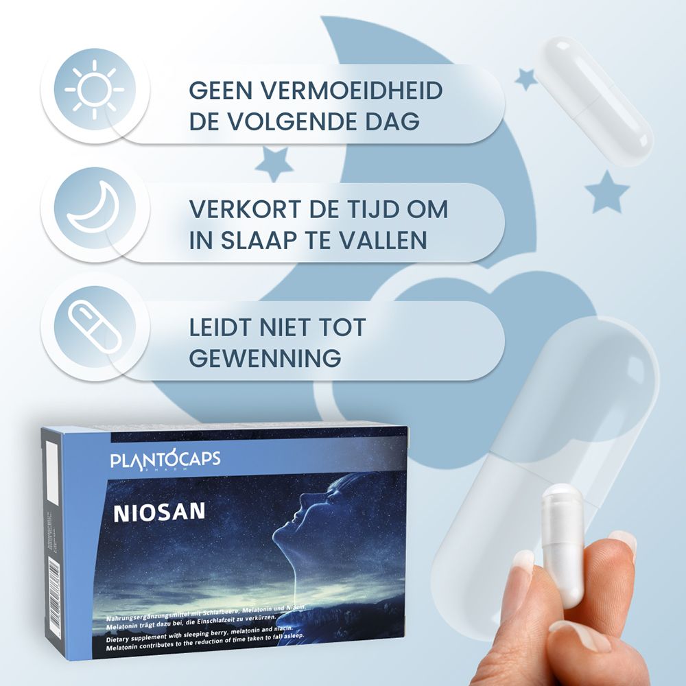 Achterkant van de PlantoCaps NIOSAN verpakking met ingrediëntenlijst en voedingswaarden.