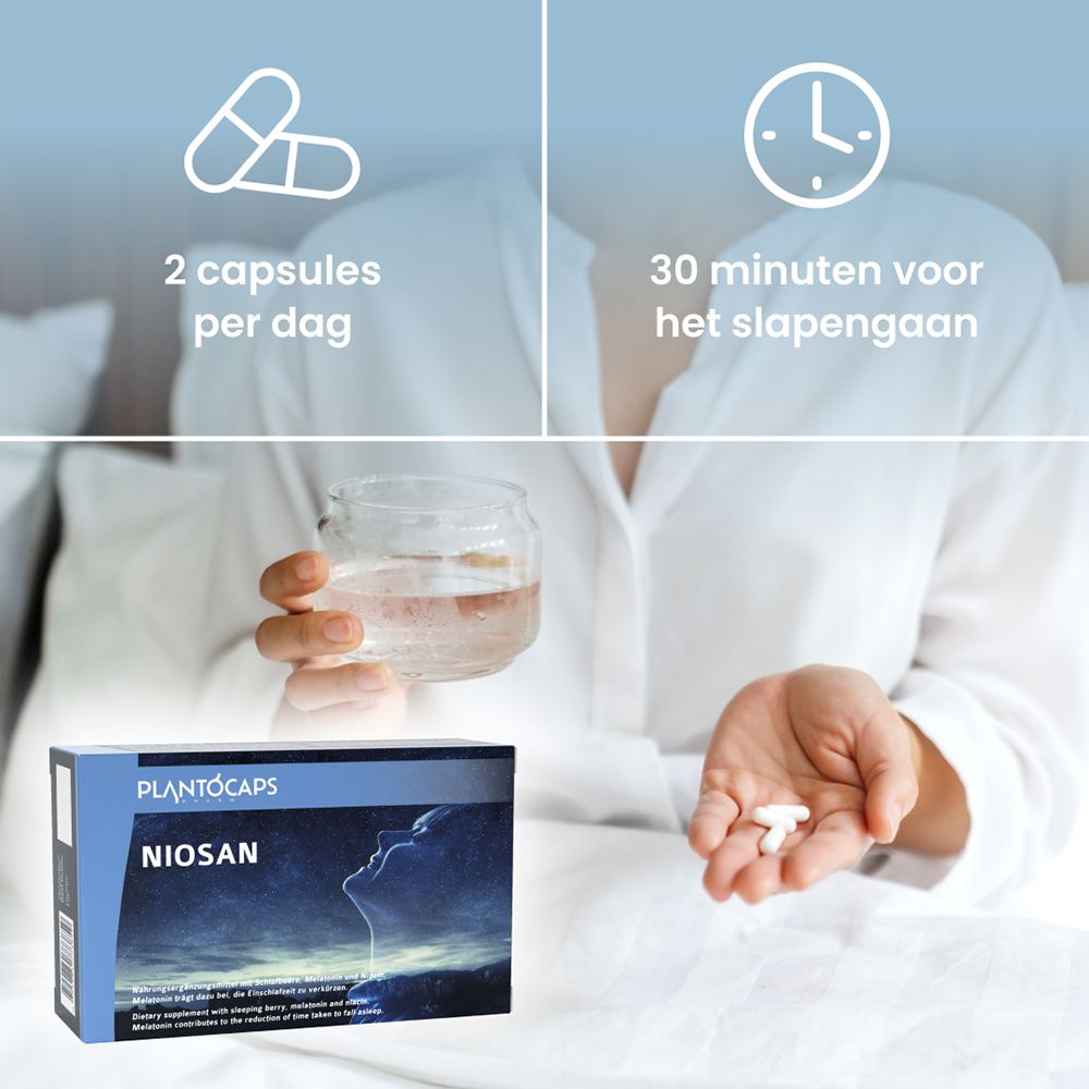 PlantoCaps NIOSAN verpakking met sterrenhemel-design en slapende profielillustratie.