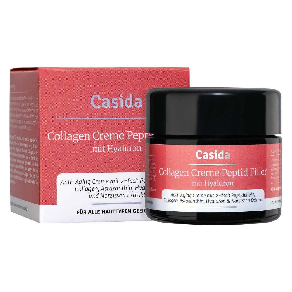 Pot et boîte de crème. Inscription : Casida Collagen Creme Peptid Filler mit Hyaluron. Crème anti-âge.