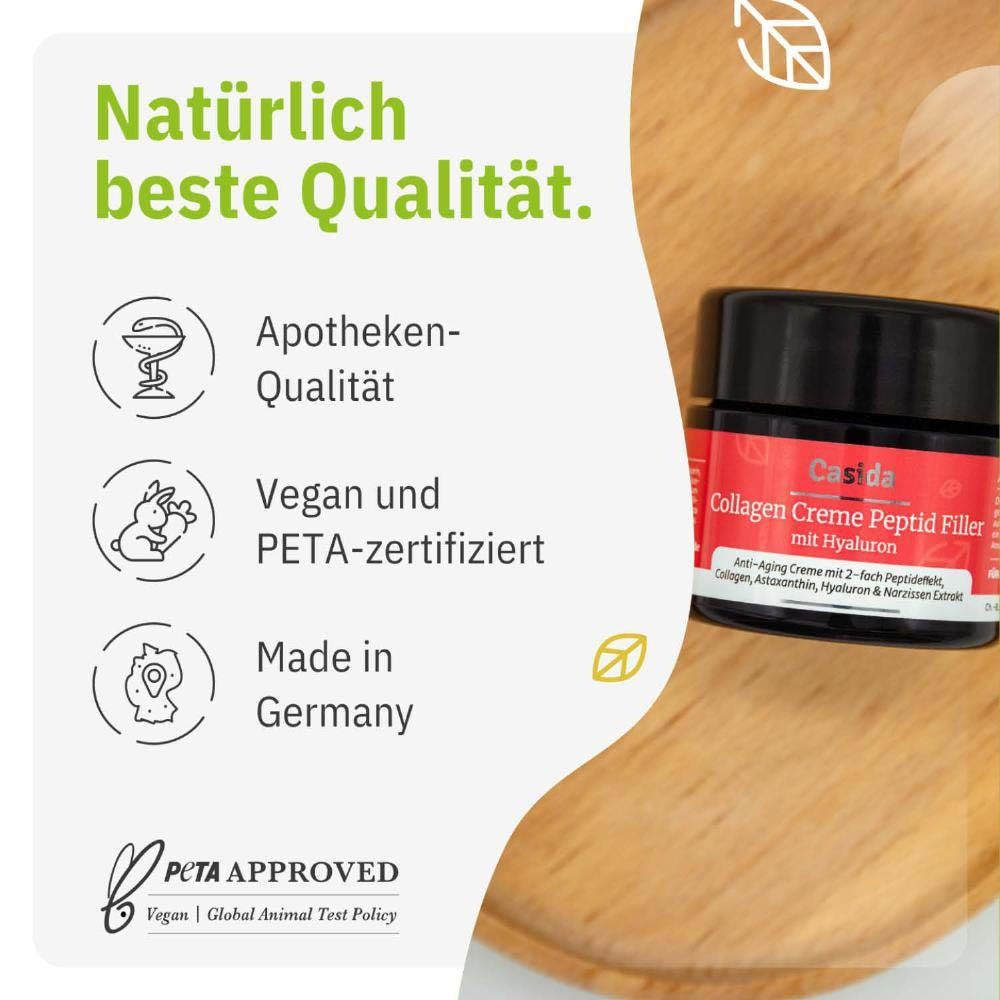 Pot de produit. Texte : Naturellement la meilleure qualité. Qualité pharmacie, végétalien et certifié PETA, Fabriqué en Allemagne.