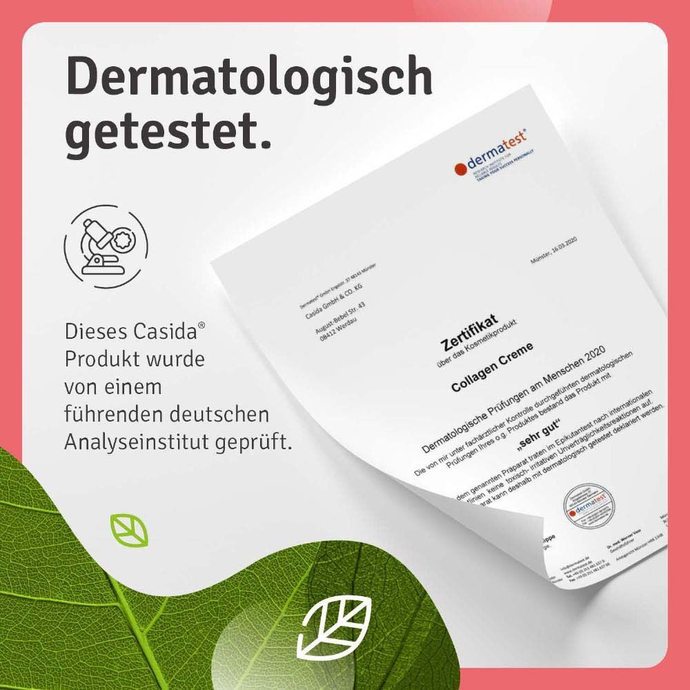 Certificat. Texte : Testé dermatologiquement. Ce produit Casida a été testé par un institut d'analyse allemand de premier plan.