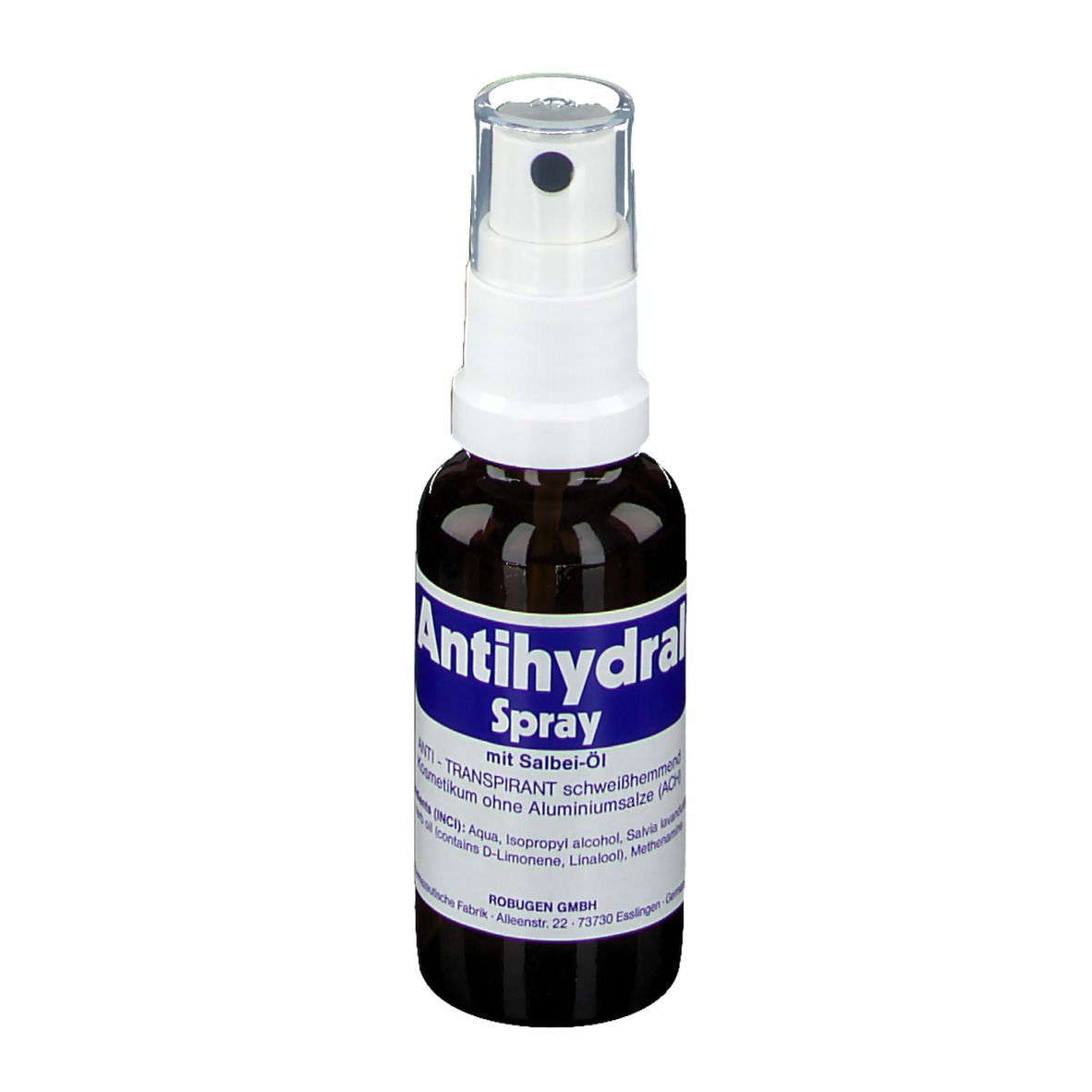 Bruine sprayfles met witte sproeikop. Opschrift: Antihydral Spray, met salie-olie.