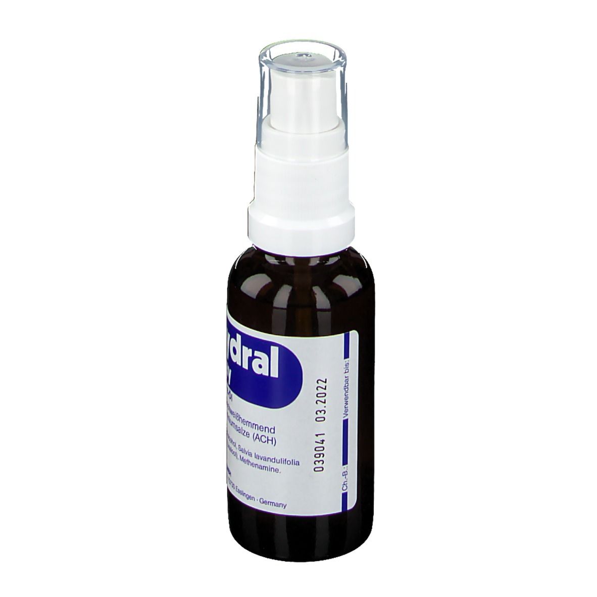 Bruine sprayfles met witte sproeikop. Opschrift: Antihydral Spray. Sticker met datum.