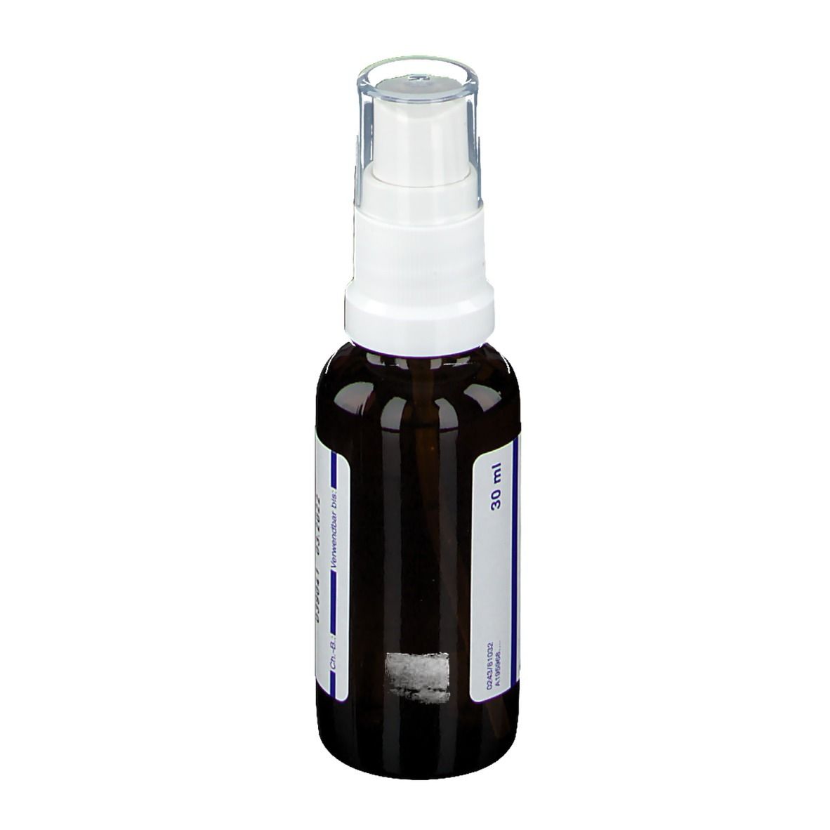 Bruine sprayfles met witte sproeikop. Sticker met productinfo en 30 ml.