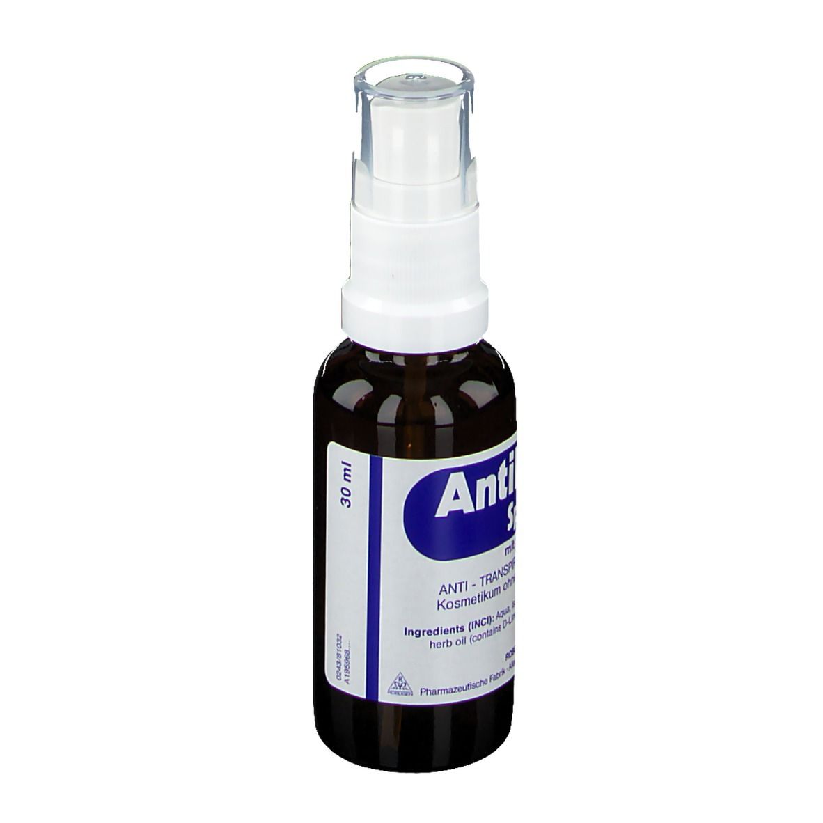 Bruine sprayfles met witte sproeikop. Opschrift: Antihydral Spray, 30 ml.