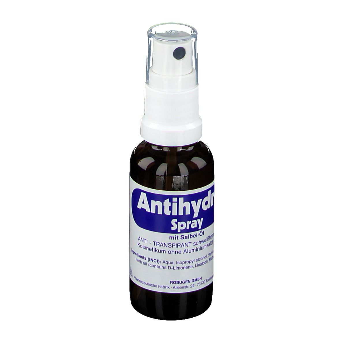 Bruine sprayfles met witte sproeikop. Opschrift: Antihydral Spray, met salie-olie.