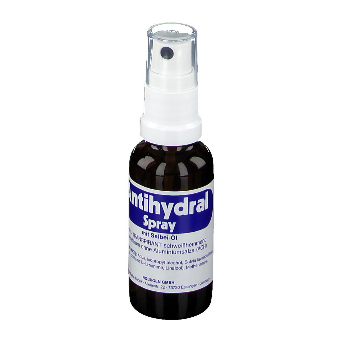 Bruine sprayfles met witte sproeikop. Opschrift: Antihydral Spray, met salie-olie.
