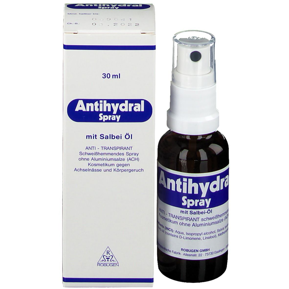 Productverpakking en sprayfles. Verpakking met opschrift: Antihydral Spray, met salie-olie.