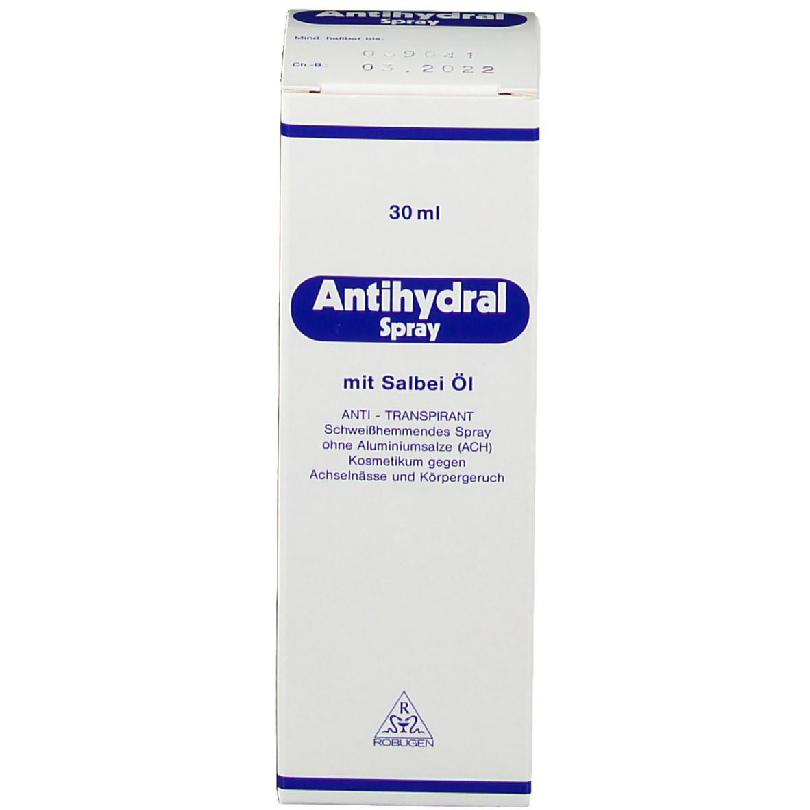 Productverpakking. Opschrift: Antihydral Spray, met salie-olie. 30 ml.