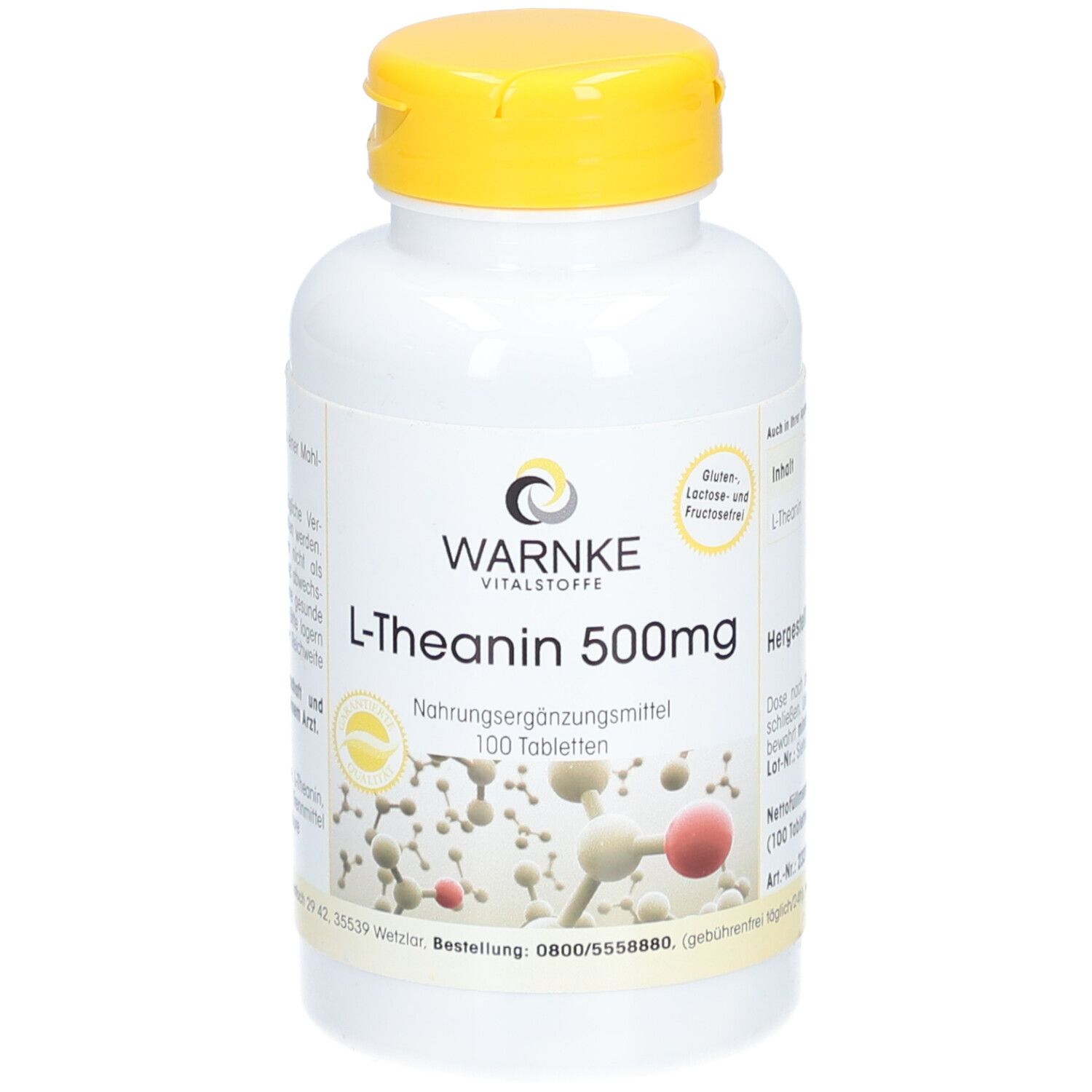 Witte fles met gele dop. Opschrift: WARNKE, L-Theanine 500mg, 100 tabletten. Voedingssupplement.