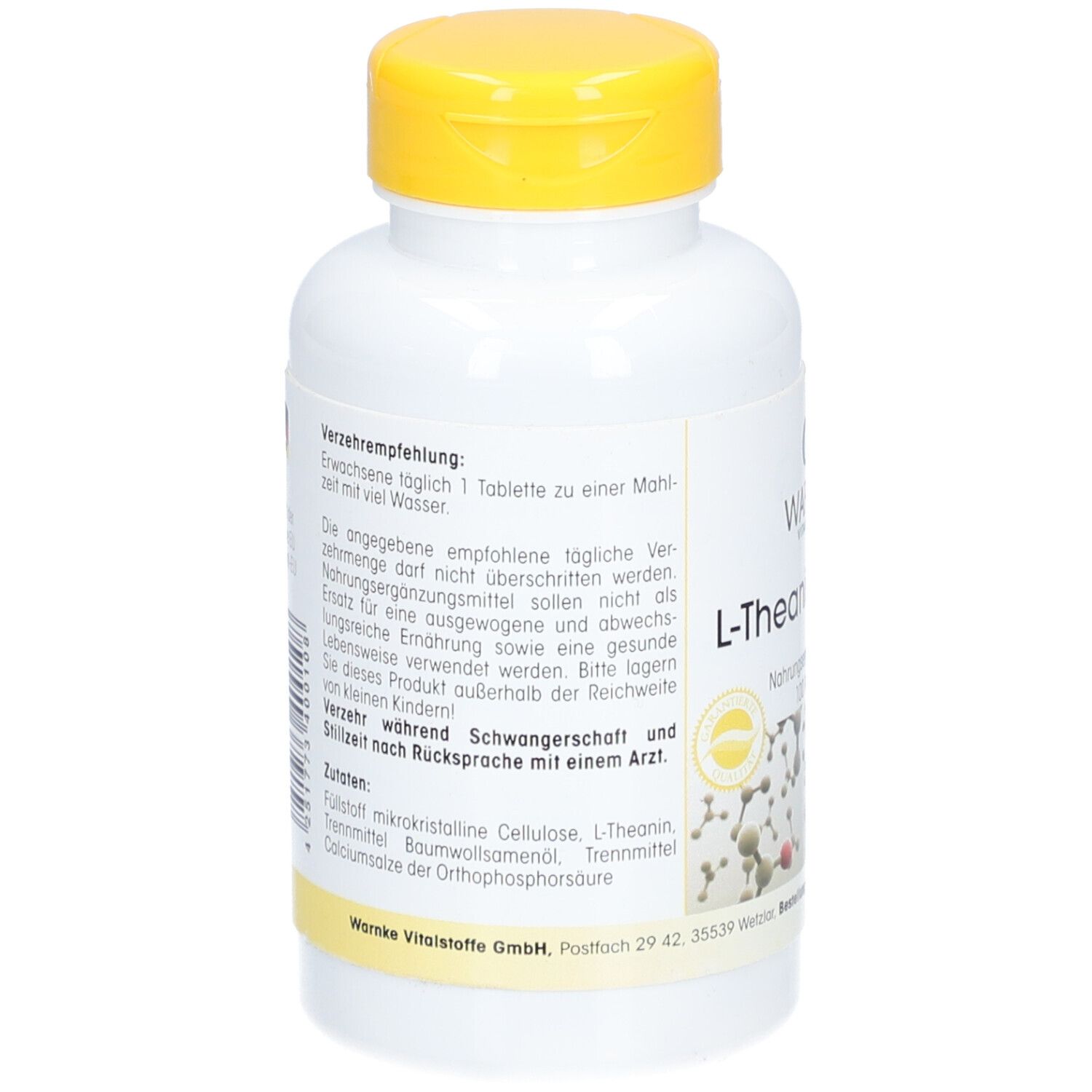 Achterkant van de witte fles met gele dop. Tekst over aanbevolen dagelijkse dosis, ingrediënten en waarschuwingen.