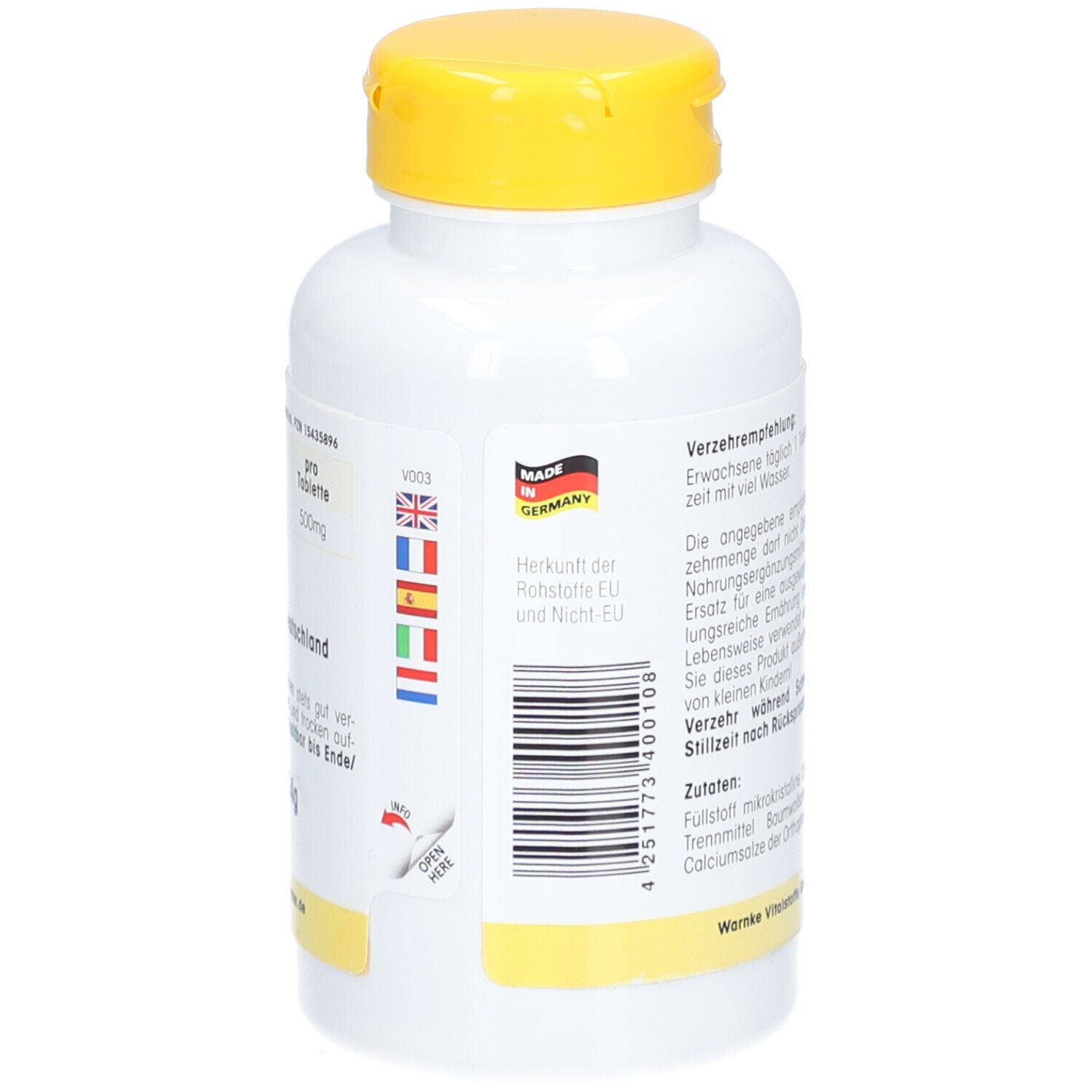 Achterkant van de witte fles met gele dop. Tekst, barcode, herkomst: Made in Germany, vlaggen.