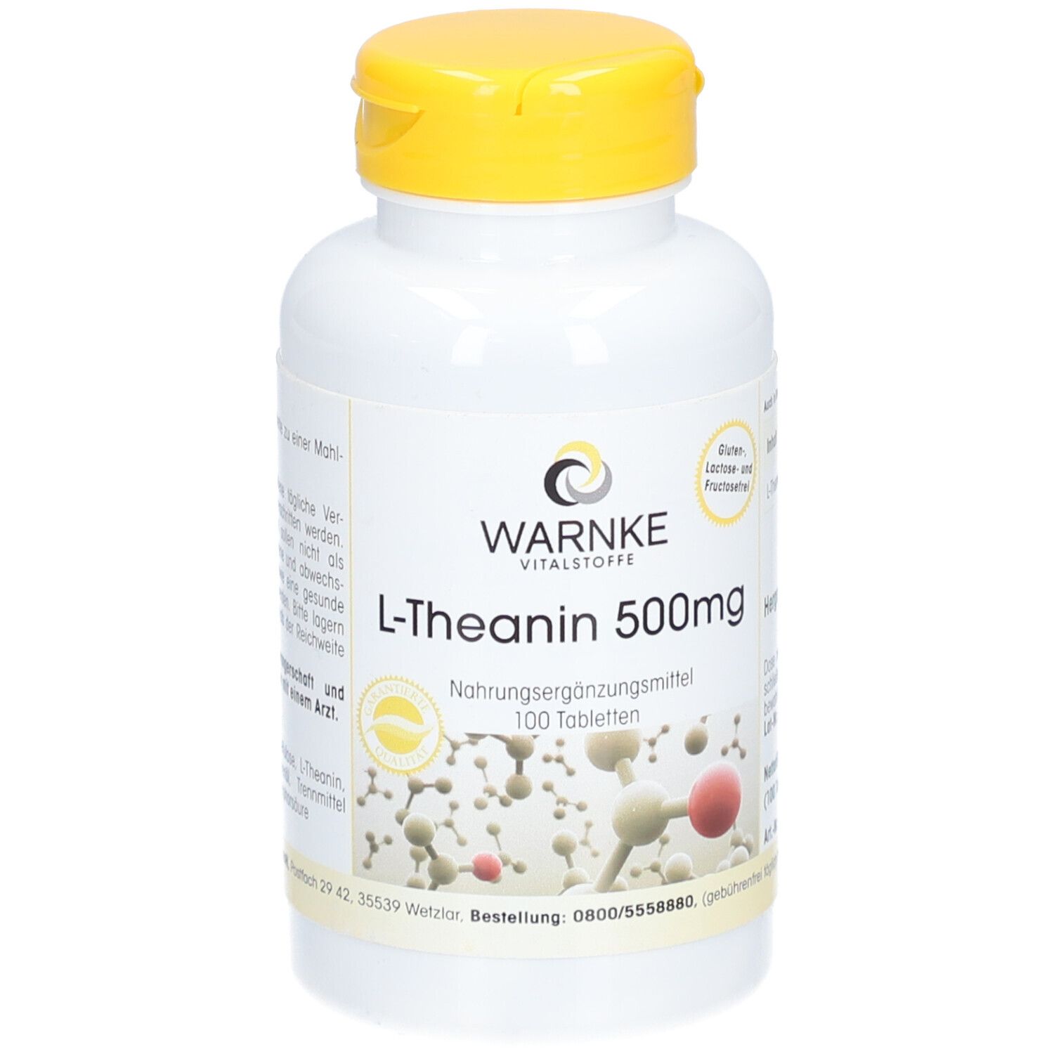 Witte fles met gele dop. Opschrift: WARNKE, L-Theanine 500mg, 100 tabletten. Voedingssupplement.