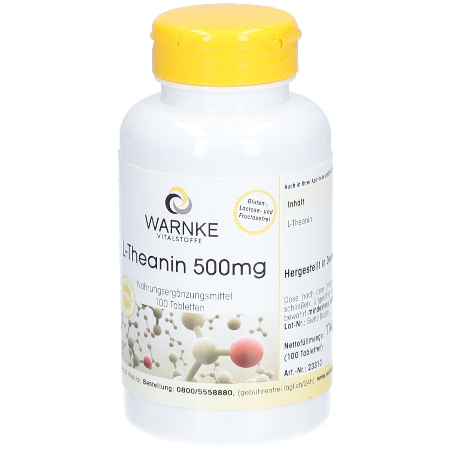 Witte fles met gele dop. Opschrift: WARNKE, L-Theanine 500mg, 100 tabletten. Glutenvrij en lactosevrij.