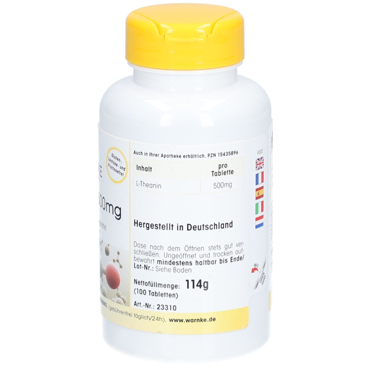 Witte fles met gele dop. Opschrift: WARNKE, L-Theanine 500mg, 100 tabletten. Nettogewicht: 114g. Gemaakt in Duitsland.