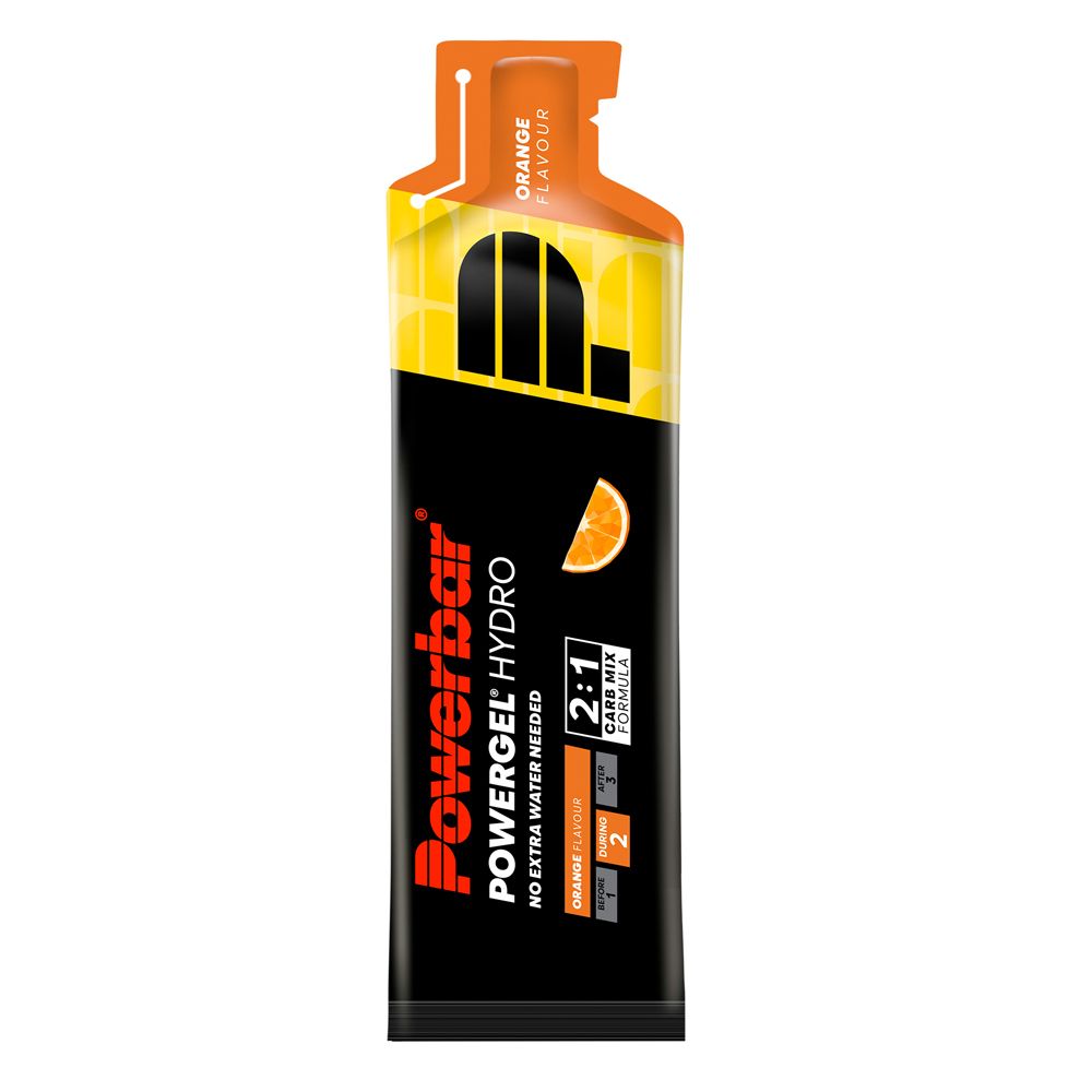 PowerBar Powergel Hydro Orange. Gelverpakking met oranje opdruk en productnaam. Sinaasappelsmaak.