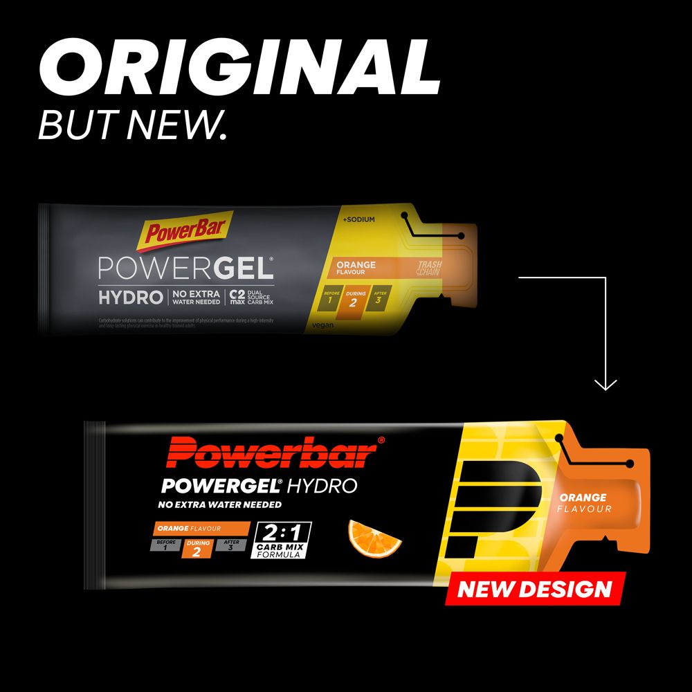 Vergelijking van PowerBar Powergel Hydro. Boven: oud ontwerp. Onder: nieuw ontwerp. Sinaasappelsmaak.