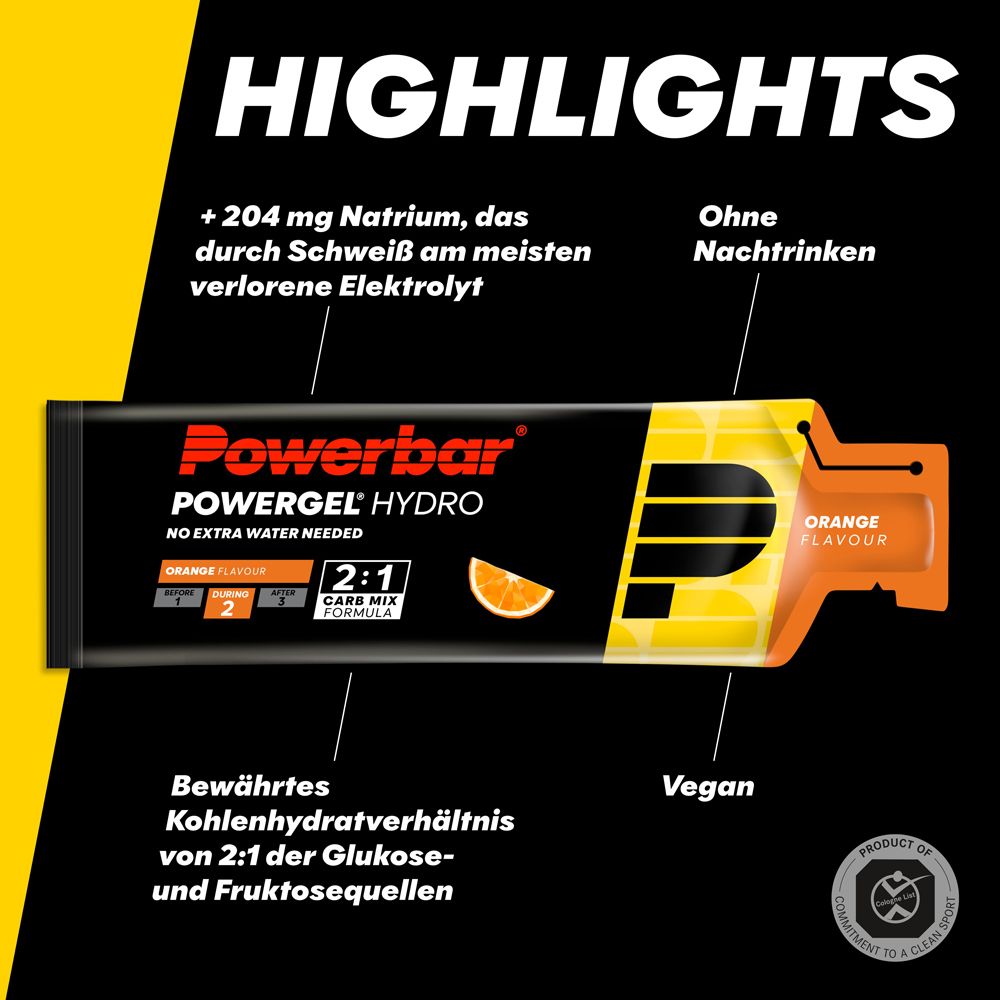 PowerBar Powergel Hydro. Gelverpakking met oranje opdruk. 2:1 Carb Mix Formula. Sinaasappelsmaak.