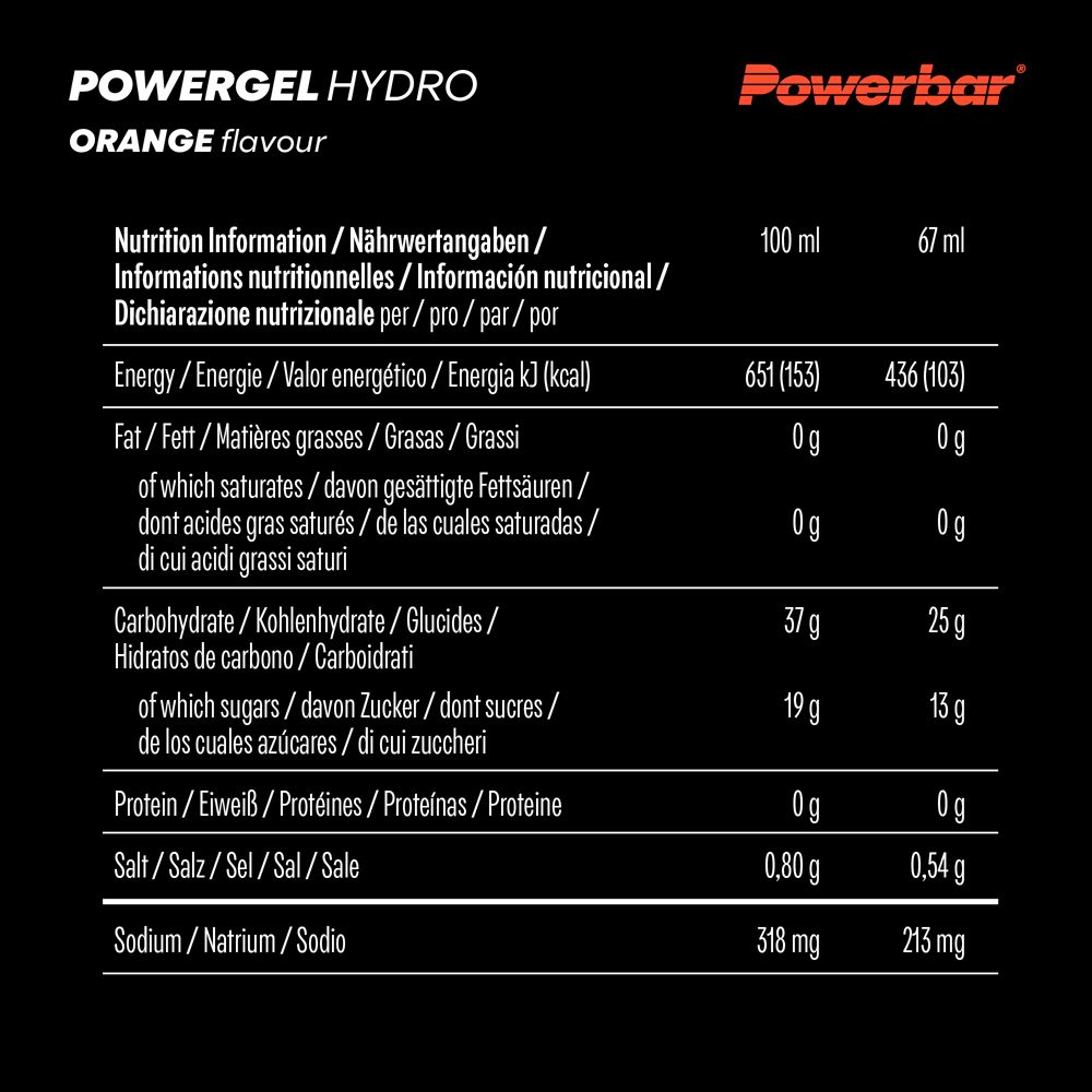 Voedingstabel voor PowerBar Powergel Hydro. Informatie over energie, vet, koolhydraten, eiwitten en zout.