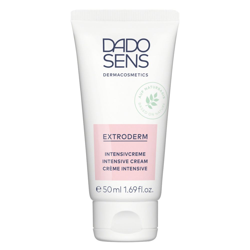Tube blanche DADO SENS Extroderm. Inscription: Intensivcreme, Crème Intensive, 50ml.