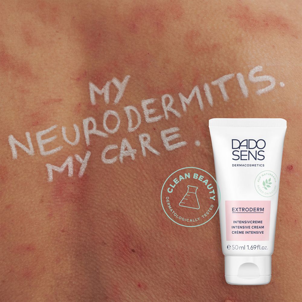 Dos avec éruption cutanée et texte: My Neurodermitis. My Care. Tube DADO SENS Extroderm.