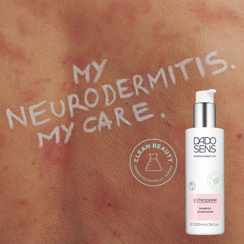 DADO SENS EXTRODERM Shampoo à côté du texte : MY NEURODERMITIS. MY CARE. Testé dermatologiquement.