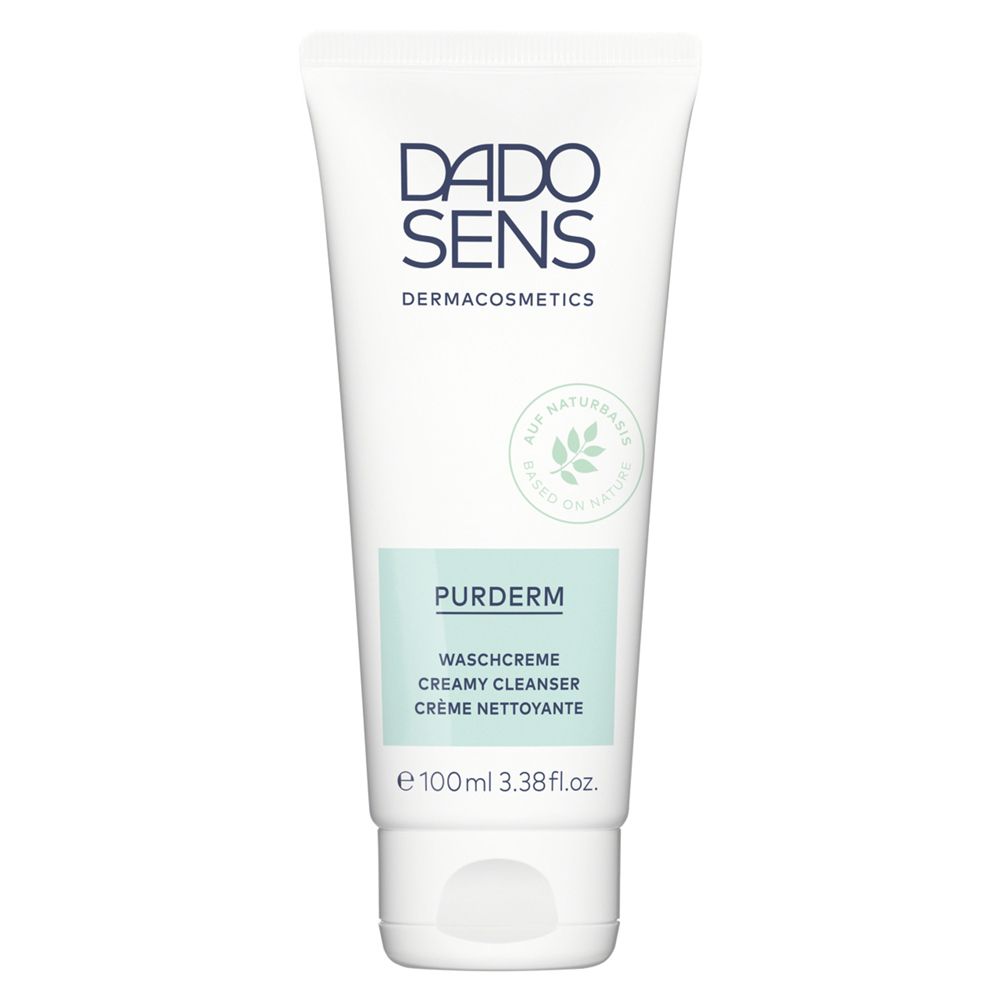 Tube blanche avec logo DADO SENS et nom du produit PurDerm Waschcreme. Couleurs vert et blanc.