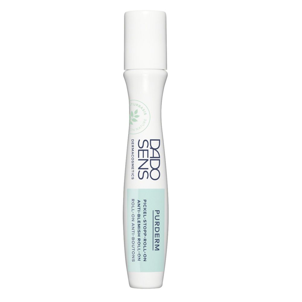 Flacon roll-on blanc avec bouchon. Texte: DADO SENS, PURDERM, Roll-on anti-boutons.