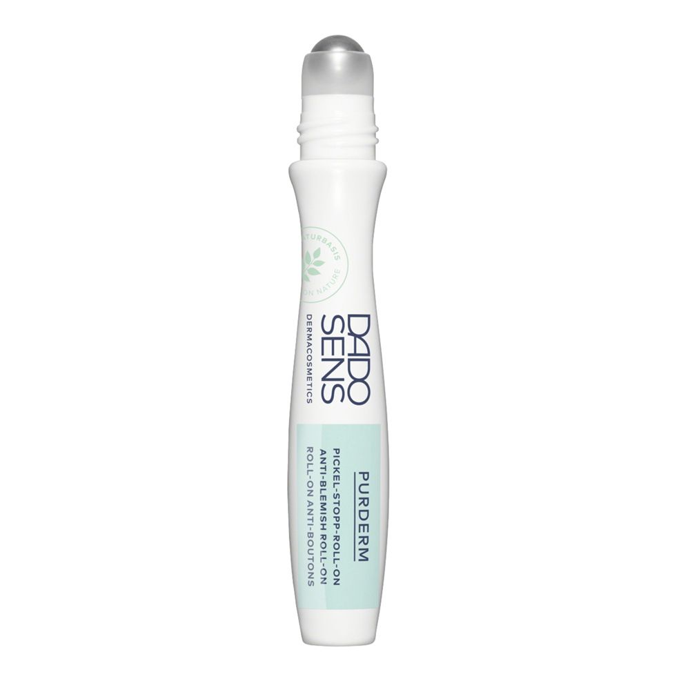 Flacon roll-on blanc avec bouchon. Texte: DADO SENS, PURDERM, Roll-on anti-boutons.