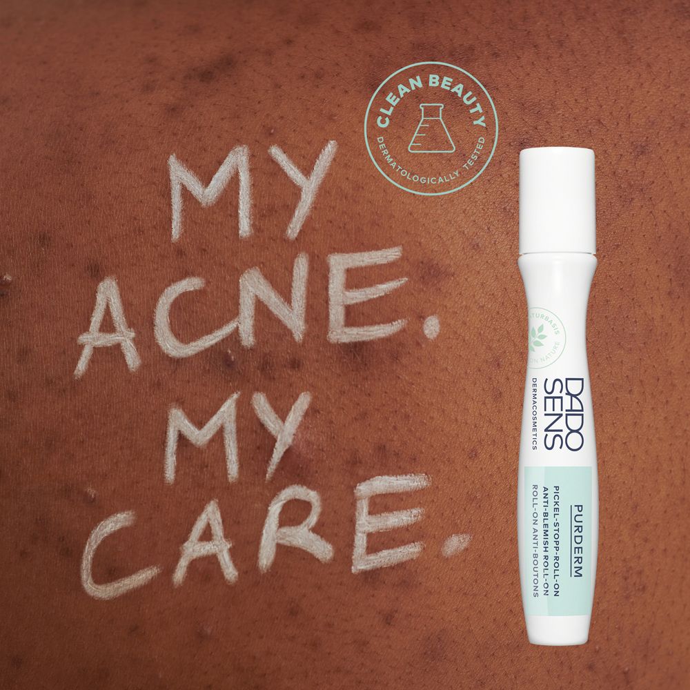 Roll-on à côté du texte: MY ACNE. MY CARE. Texte: DADO SENS, PURDERM, Roll-on anti-boutons.