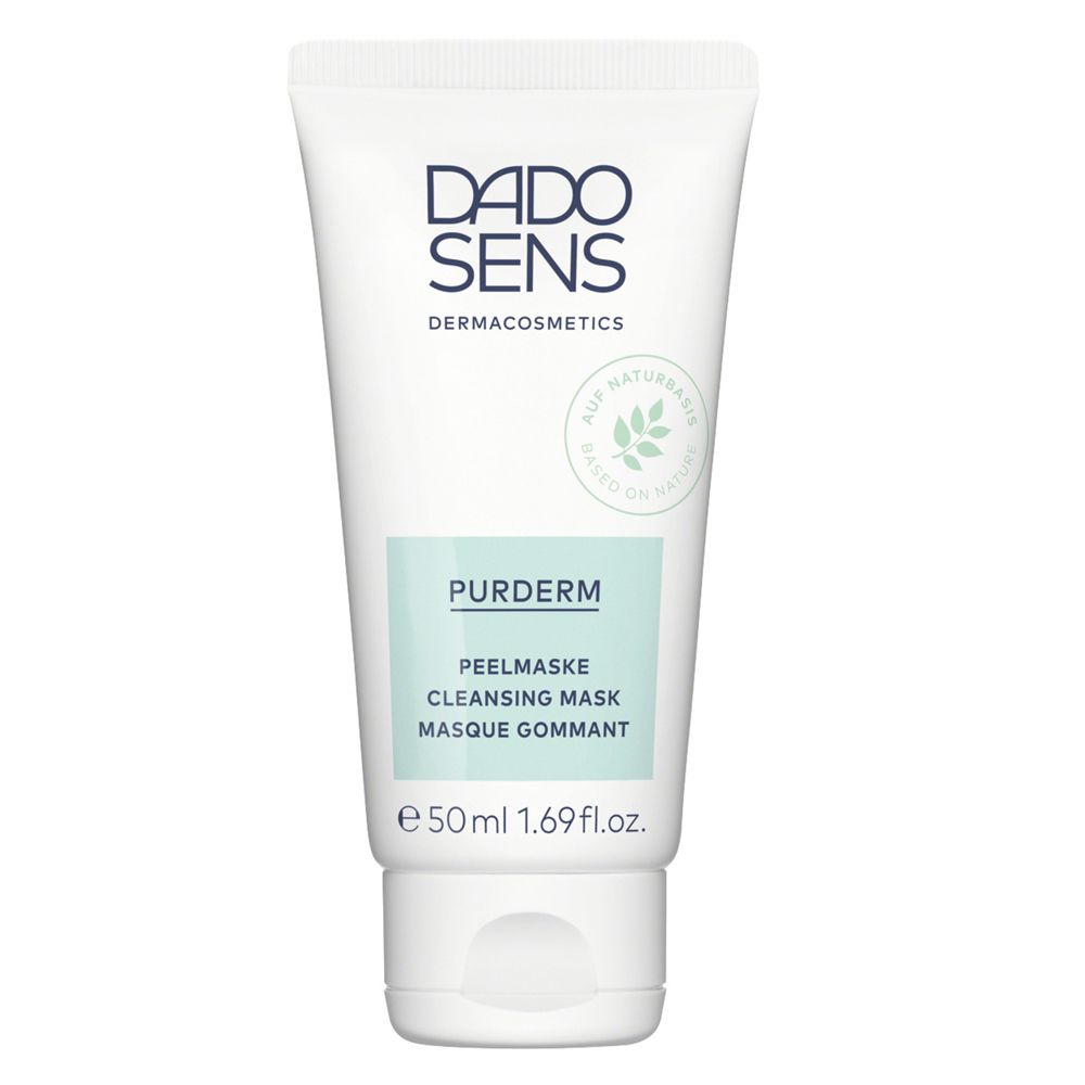 Tube blanc DADO SENS PURDERM Peelmaske. Texte: Peelmaske, Cleansing Mask, Masque gommant. 50 ml. Logo feuille.