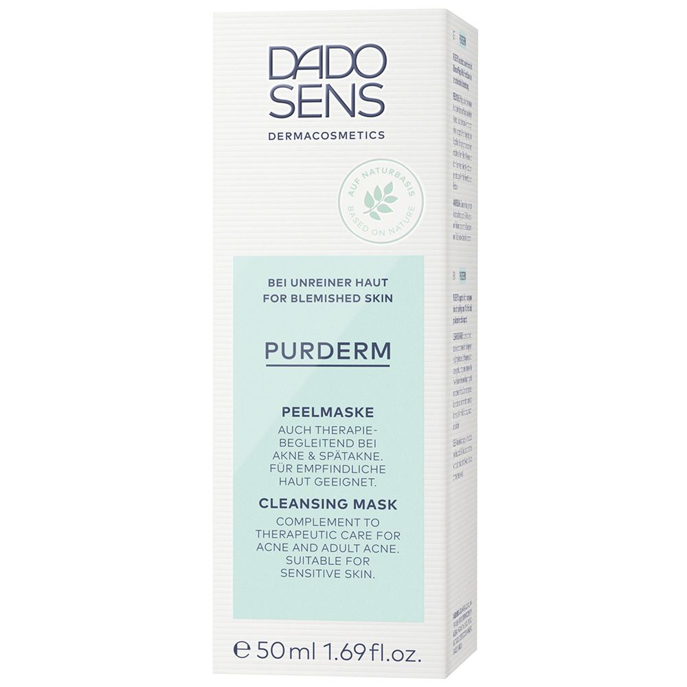 Emballage DADO SENS PURDERM. Texte: Peelmaske, Cleansing Mask. Pour peau à problèmes. 50 ml. Boîte verte et blanche.