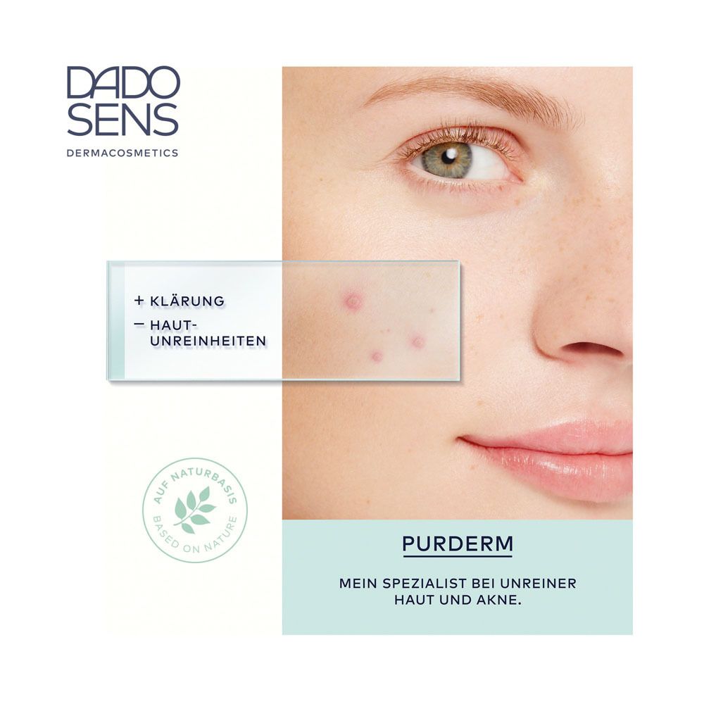 Peau avec imperfections. Texte : + Clarification - Imperfections cutanées. Produit : PURDERM.