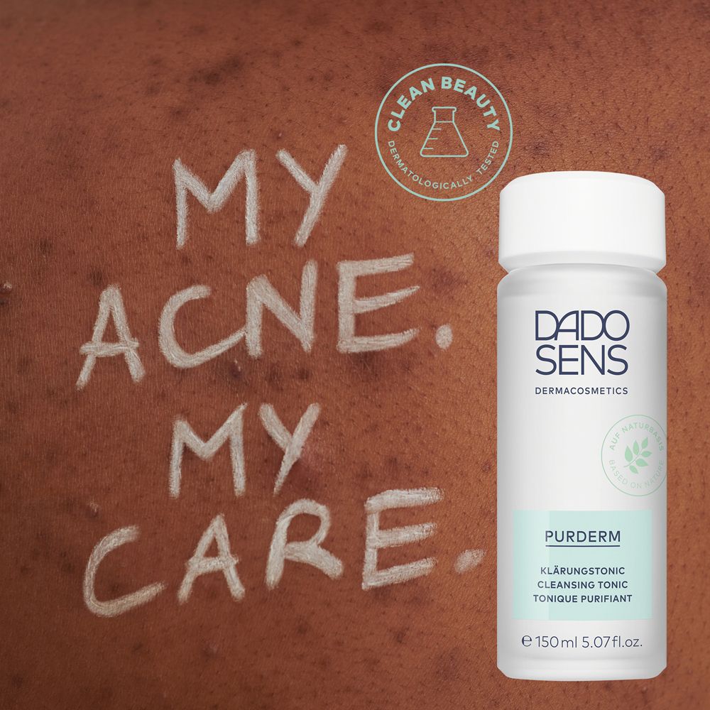 Peau avec acné. Texte : My Acne. My Care. Produit : DADO SENS PURDERM tonique clarifiant.
