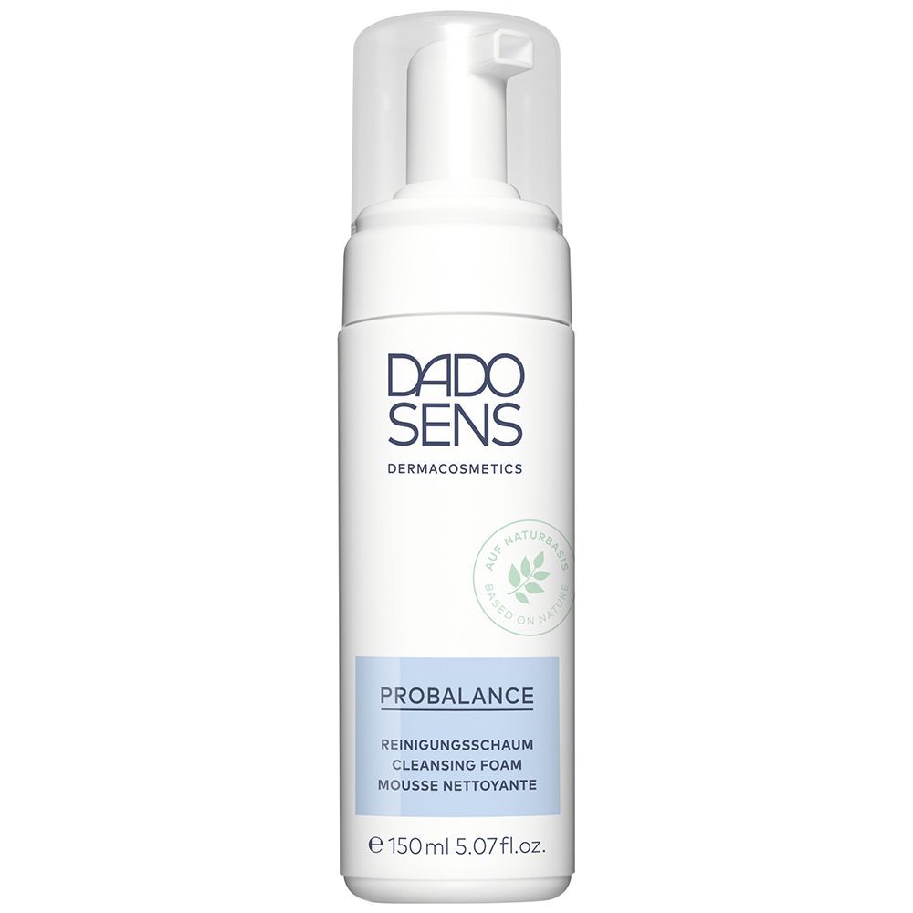 Witte reinigingsschuim dispenser met DADO SENS logo. PROBALANCE label, groene bladeren. 150ml.