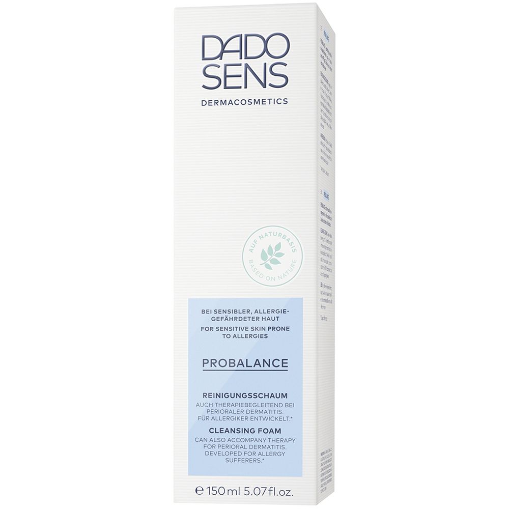 Witte verpakking met DADO SENS logo. PROBALANCE label, groene bladeren. Tekst voor gevoelige huid. 150ml.