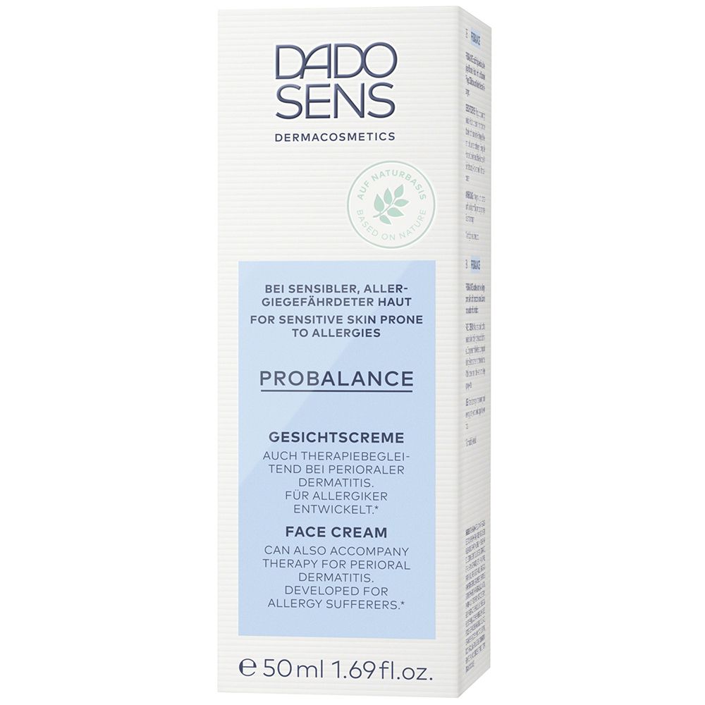 Emballage en carton avec texte bleu. Contient une crème visage. Marque : DADO SENS PROBALANCE.