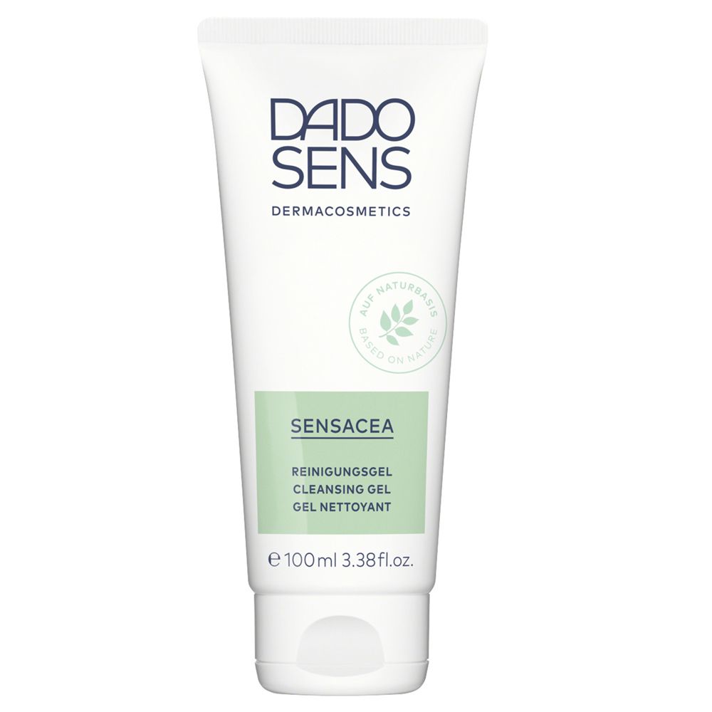 Witte tube met DADO SENS-logo en productnaam SENSACEA Reinigingsgel. Groen-witte kleurstelling. Op natuurlijke basis.