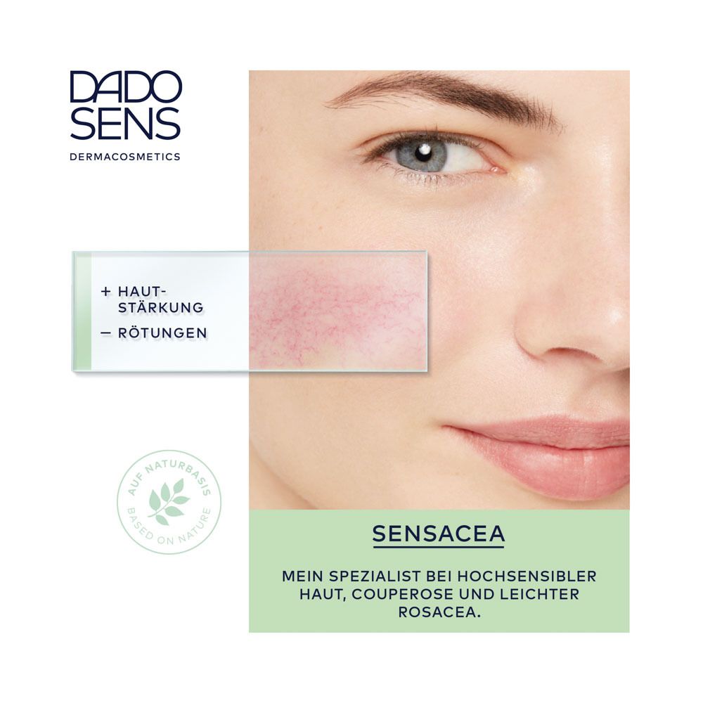 Gezicht met roodheid. Tekst: Mijn specialist voor overgevoelige huid, couperose en lichte rosacea. DADO SENS.