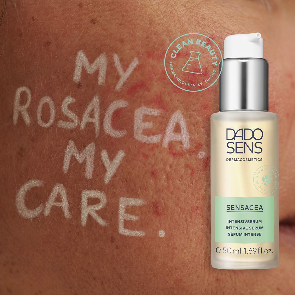 Peau avec texte : « MY ROSACEA MY CARE ». À côté, flacon DADO SENS SENSACEA Sérum Intensif.