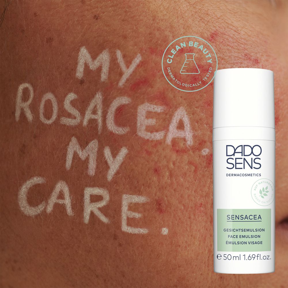 Visage avec texte: My Rosacea My Care. Flacon DADO SENS SENSACEA.