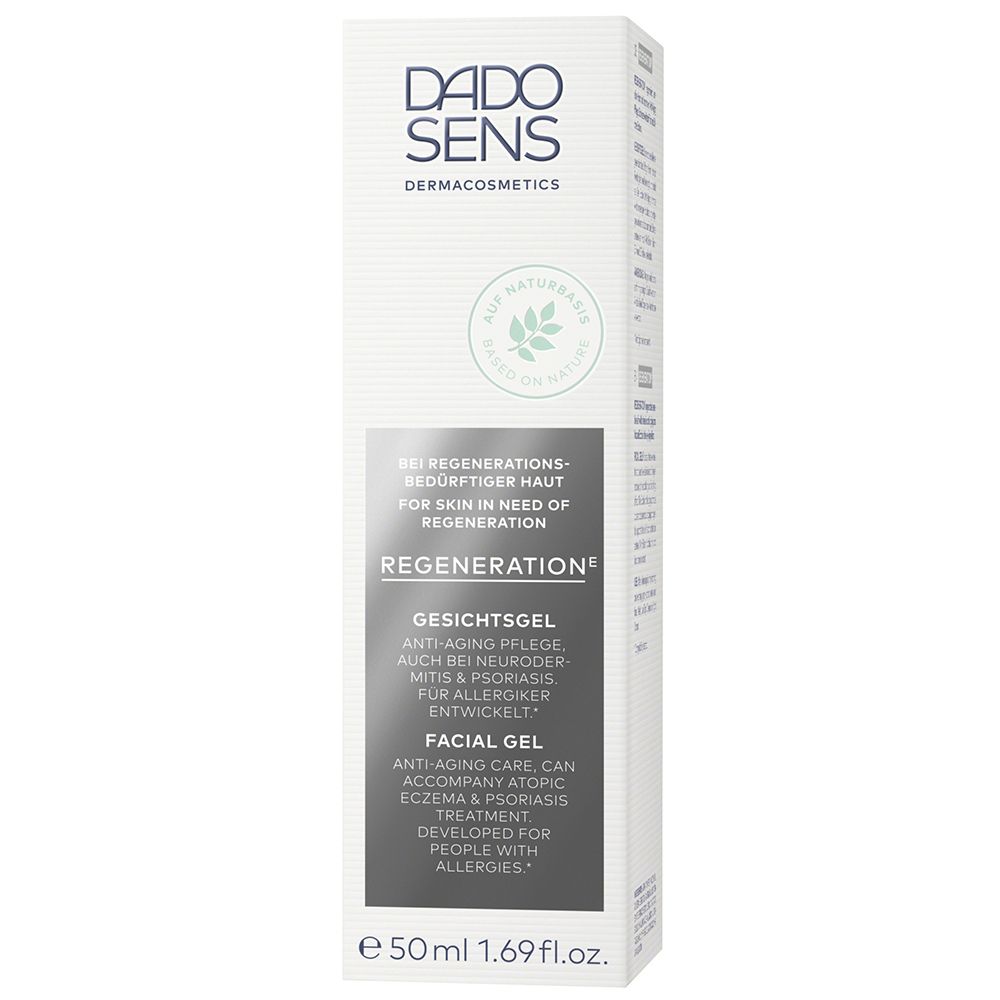 Verpakking voor gezichtsgel. Merk DADO SENS. Tekst: Regeneration, Gezichtsgel, anti-aging, 50ml.