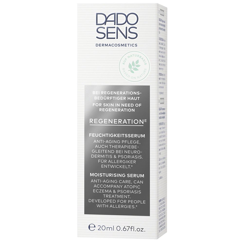 Emballage en carton avec logo DADO SENS et informations sur le produit. Texte : Regeneration, Sérum hydratant, 20ml.