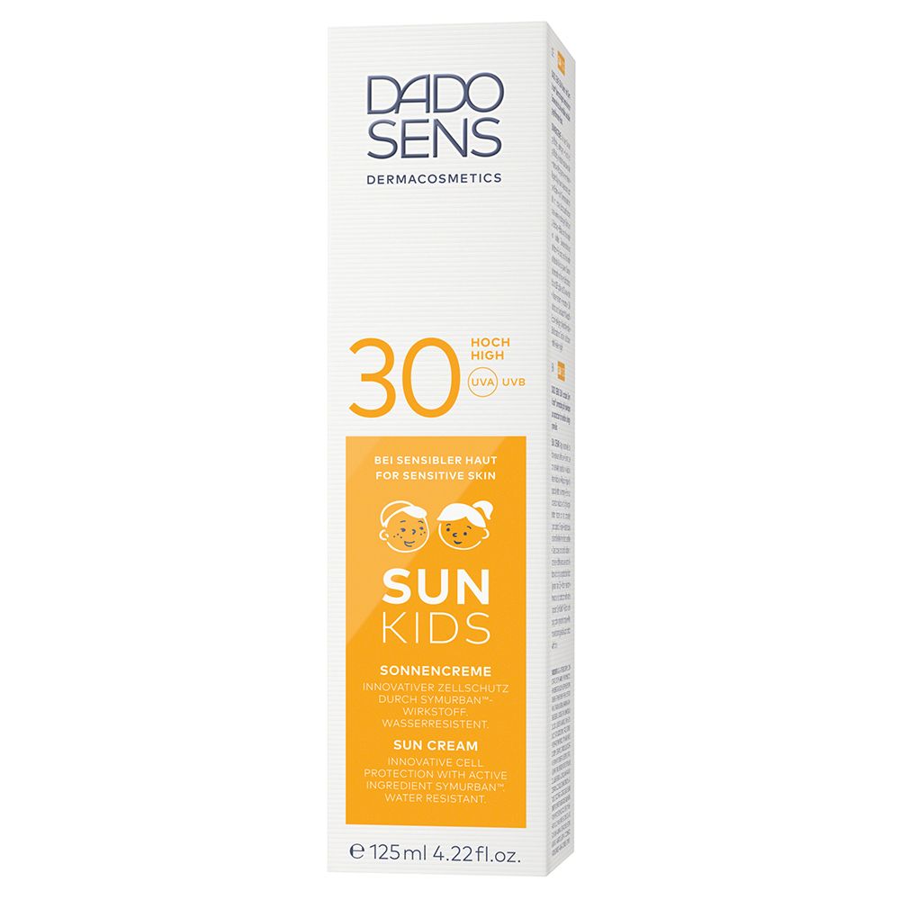 DADO SENS SUN KIDS crème solaire 30. Emballage blanc avec étiquette jaune. Contient un facteur de protection solaire 30. Pour peaux sensibles.