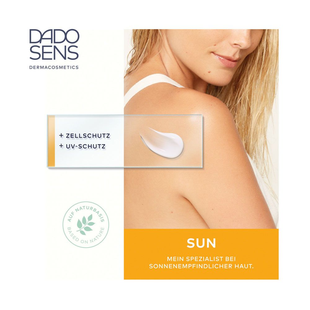 Femme avec crème solaire sur la peau. Texte : Protection cellulaire + protection UV. À base naturelle. Peaux sensibles.